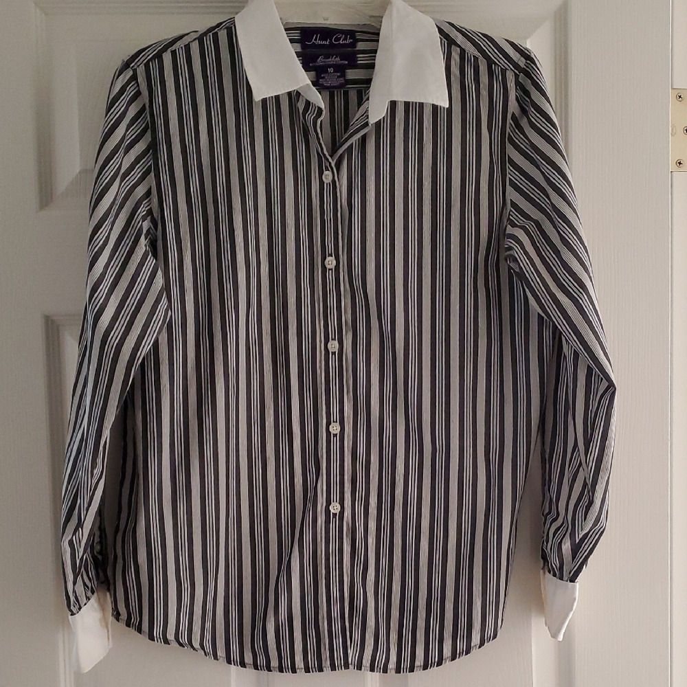 Hunt Club Black and White Striped Blouse